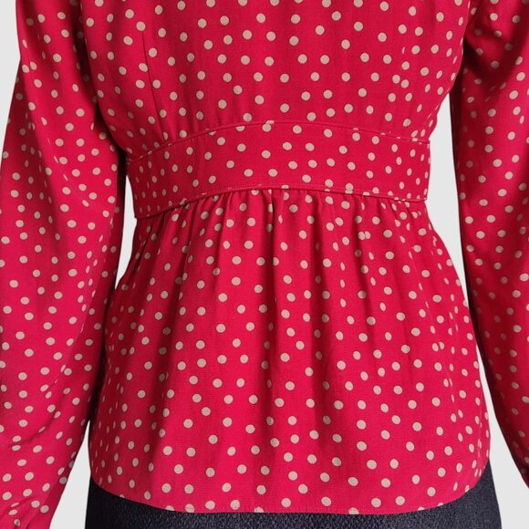 BODEN Elsie Boho Tan Polk Dot & Red w Peplum Long Sleeve Viscose Top Sz 2P - Picture 7 of 11
